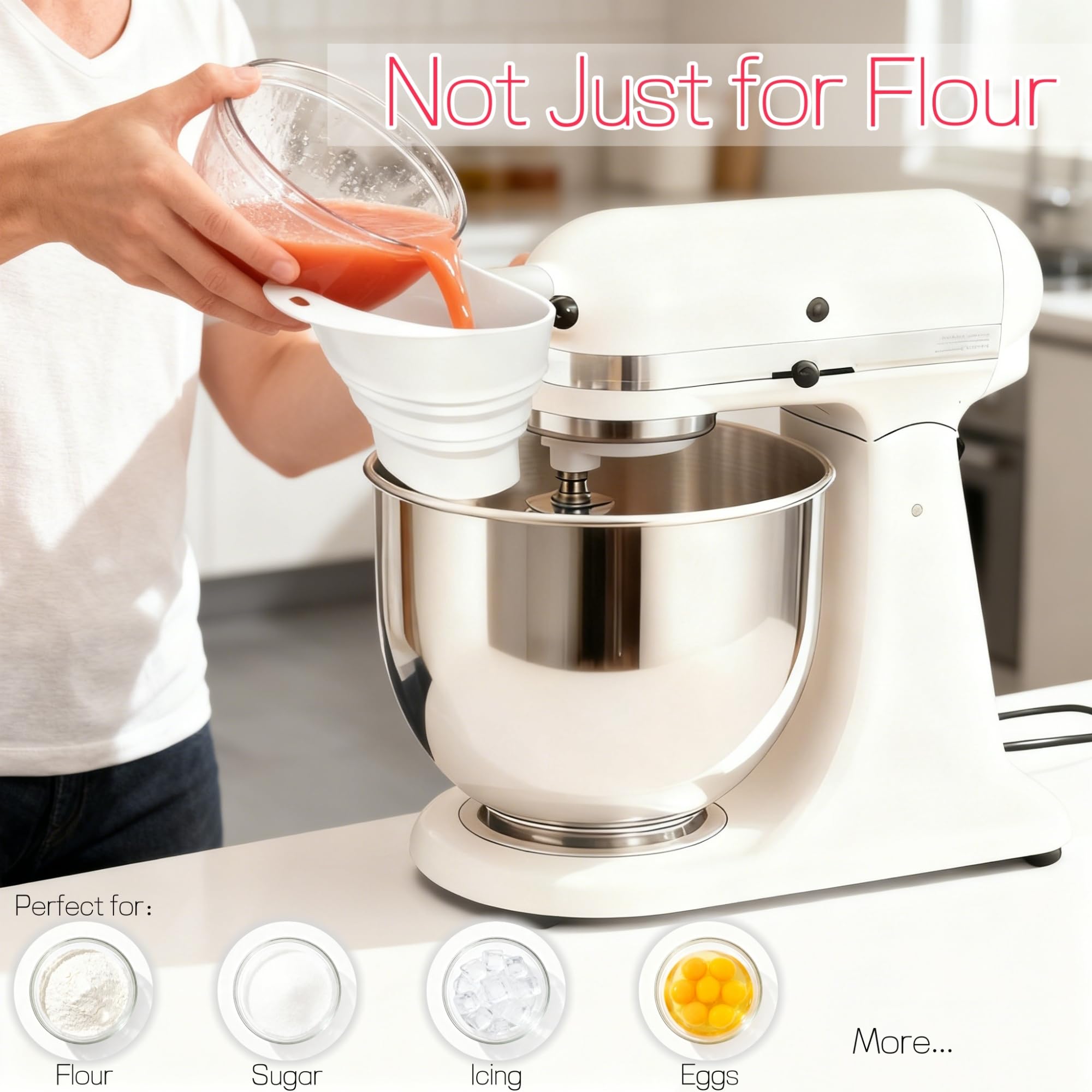KitchenAid funnel attaches to bowl edge for hands-free pouring.