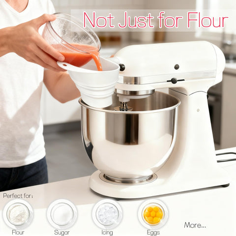 KitchenAid funnel attaches to bowl edge for hands-free pouring.