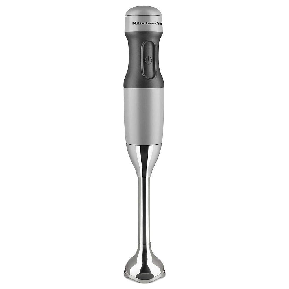 KitchenAid variable speed hand blender in matte gray with BPA-free jar for quick, easy blending.