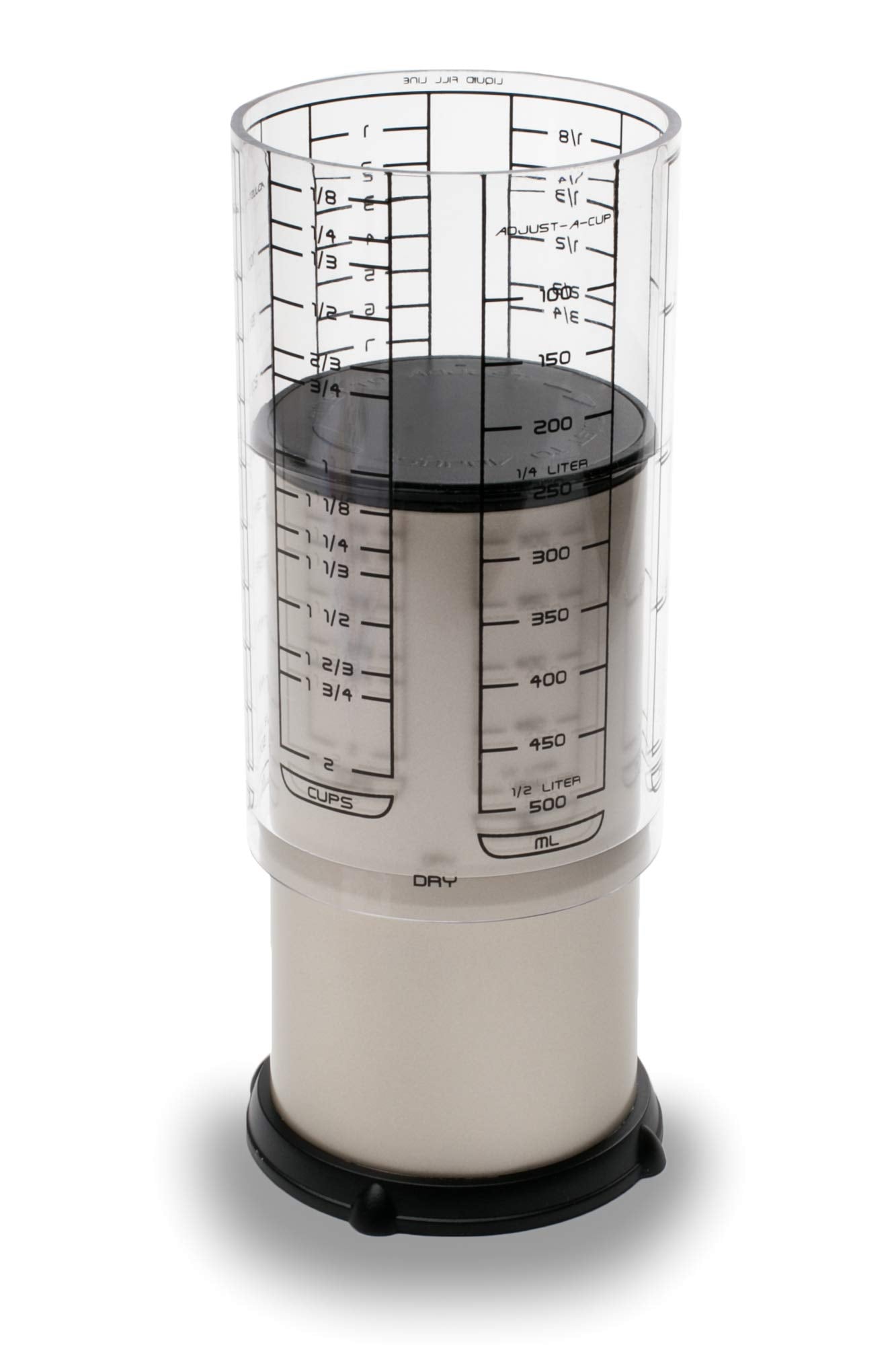 KitchenArt Pro 2 Cup Adjust-A-Cup pour view demonstrates space-saving liquid measurement.