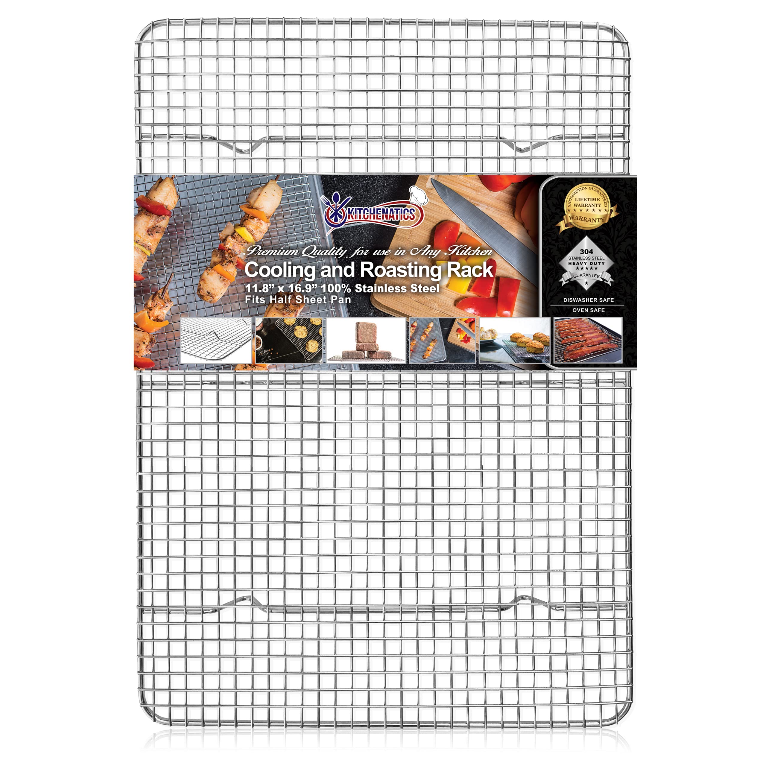 KITCHENATICS half-sheet rack on pan for even air circulation while cookies cool.