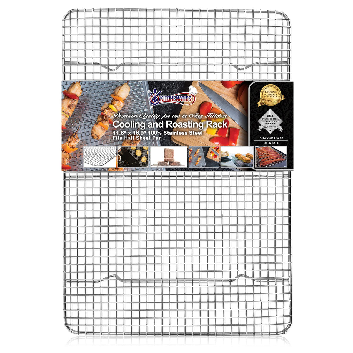 KITCHENATICS half-sheet rack on pan for even air circulation while cookies cool.