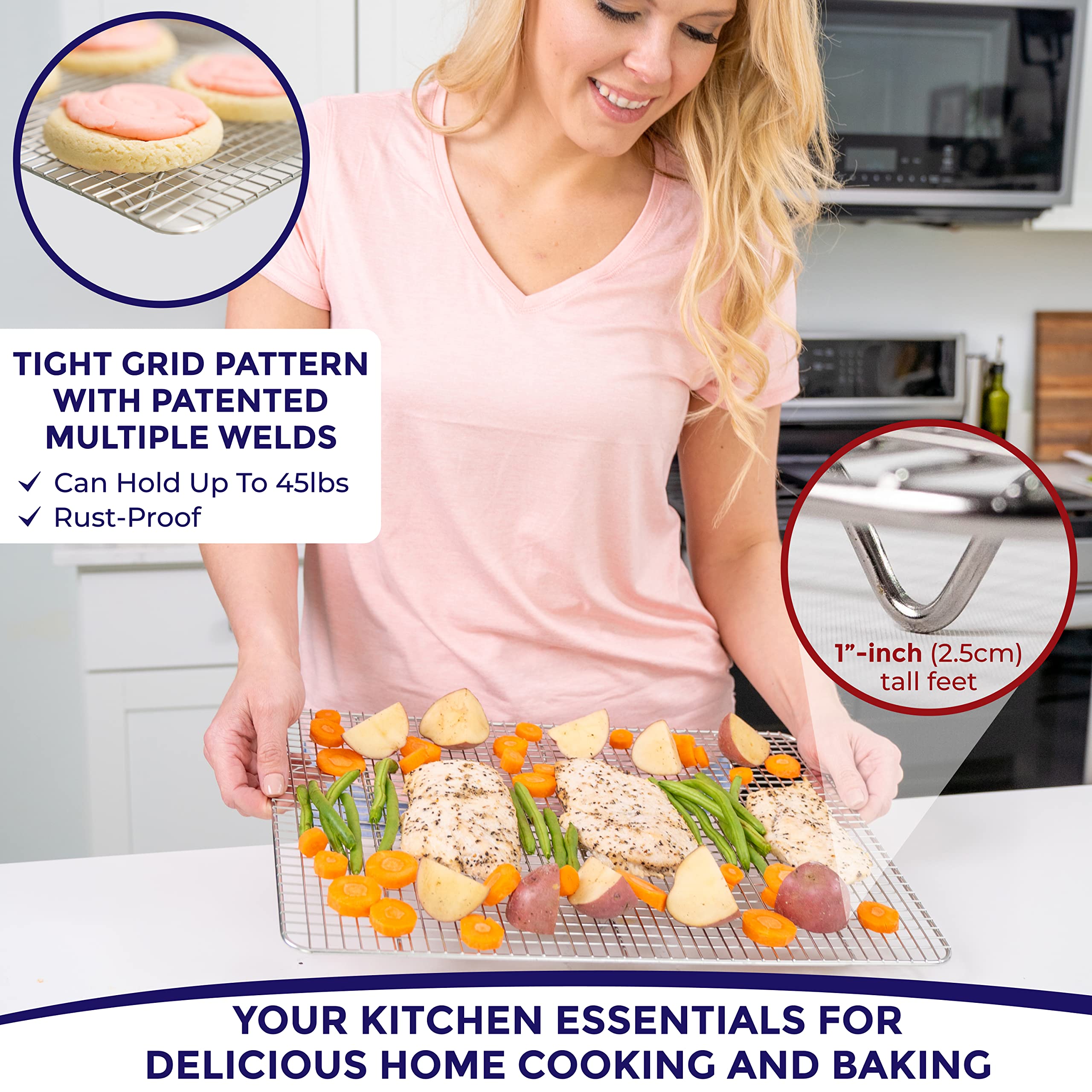 KITCHENATICS oven-safe cooling rack withstands high heat for roasting.