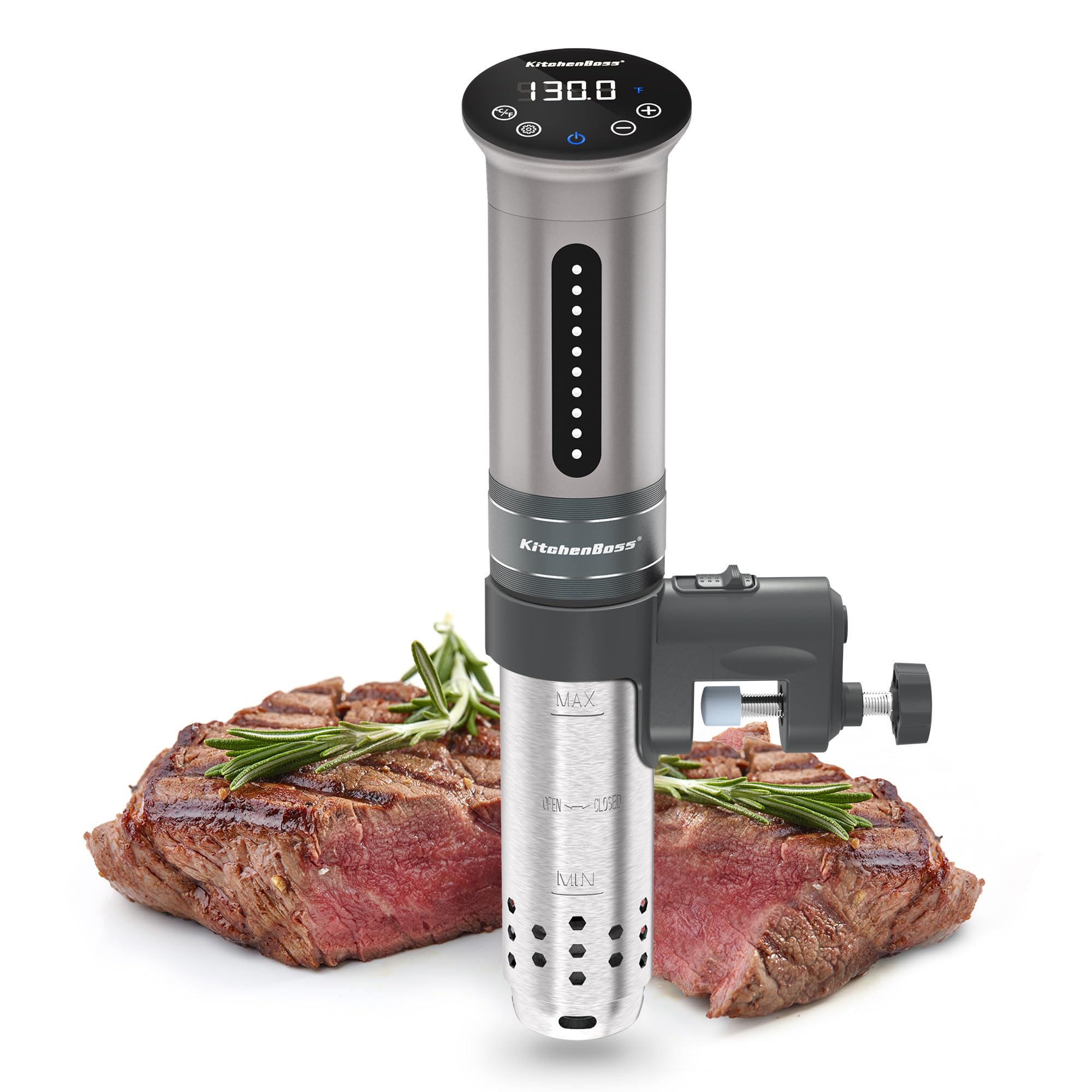 KitchenBoss G310 sous vide cooker with stainless steel body for durable, even heating.