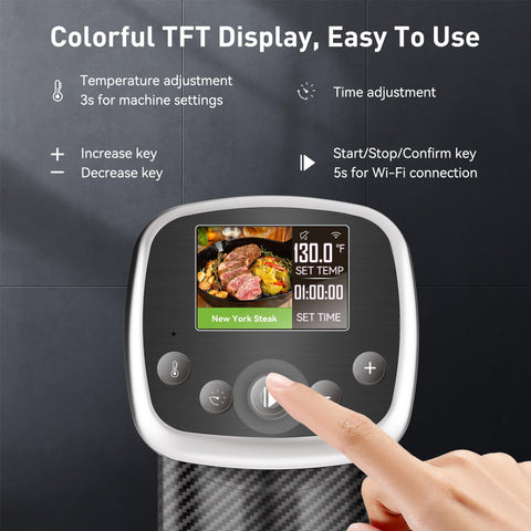 KitchenBoss TFT display showing recipes and temperatures for guided cooking.