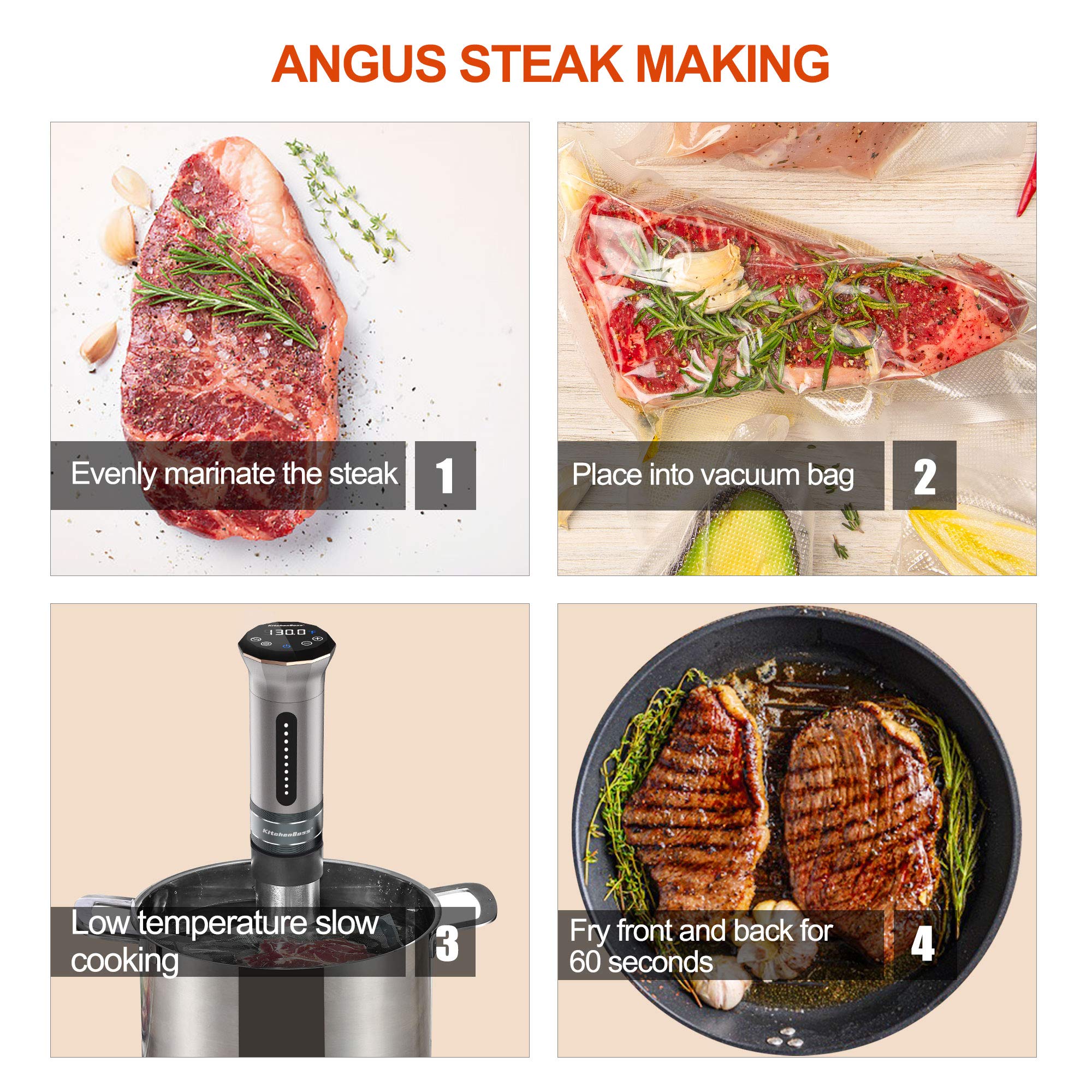 KitchenBoss sous vide cooker thermostatic control maintains stable temperatures.