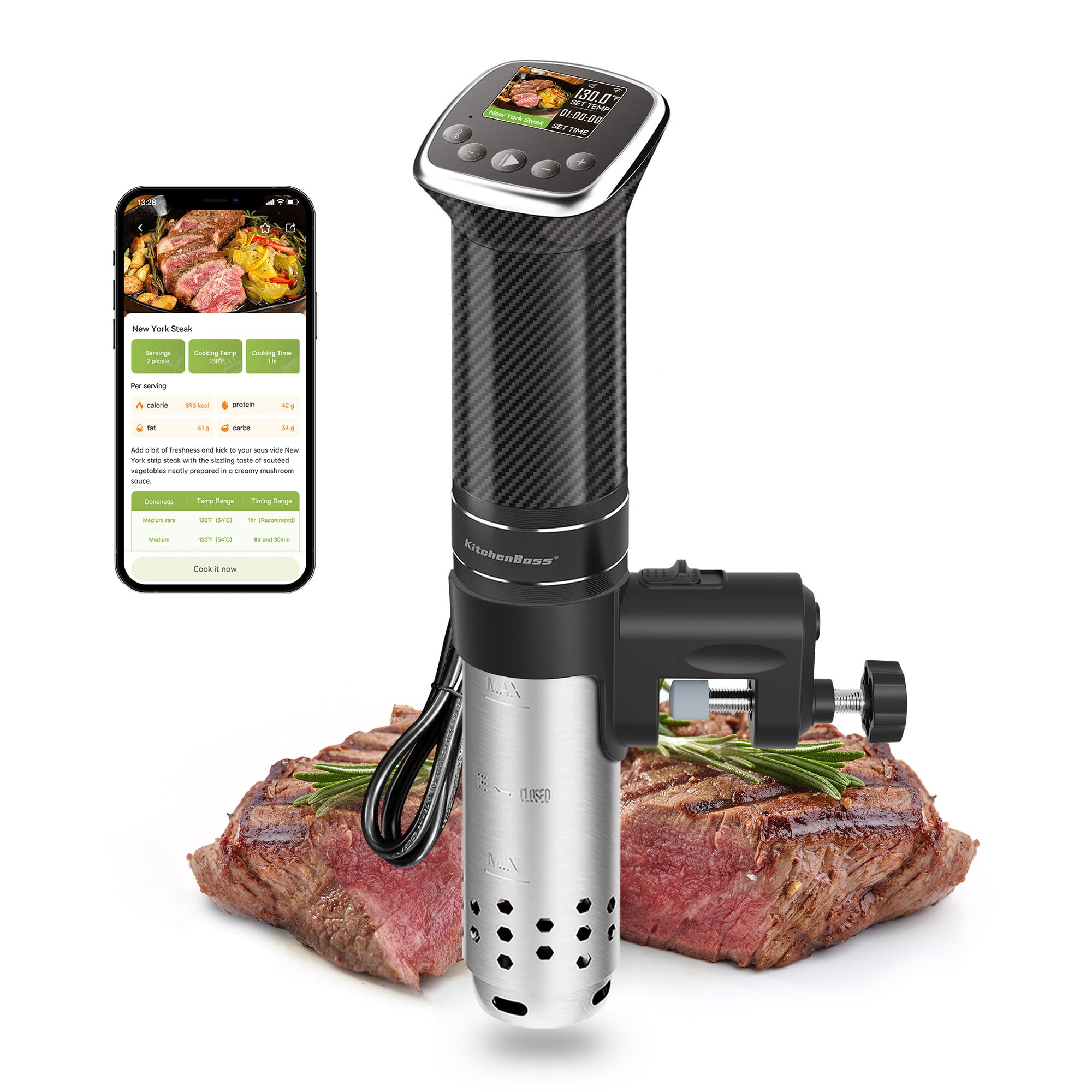 KitchenBoss Wifi sous vide cooker with app control for remote cooking and monitoring.