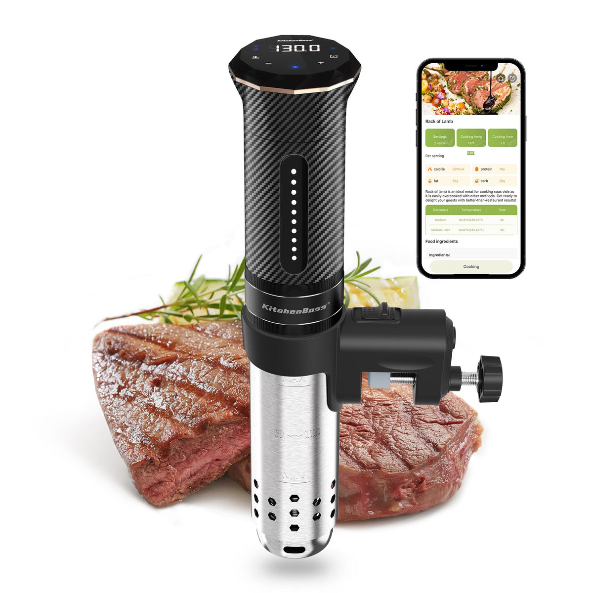KitchenBoss app-controlled sous vide cooker for precise settings