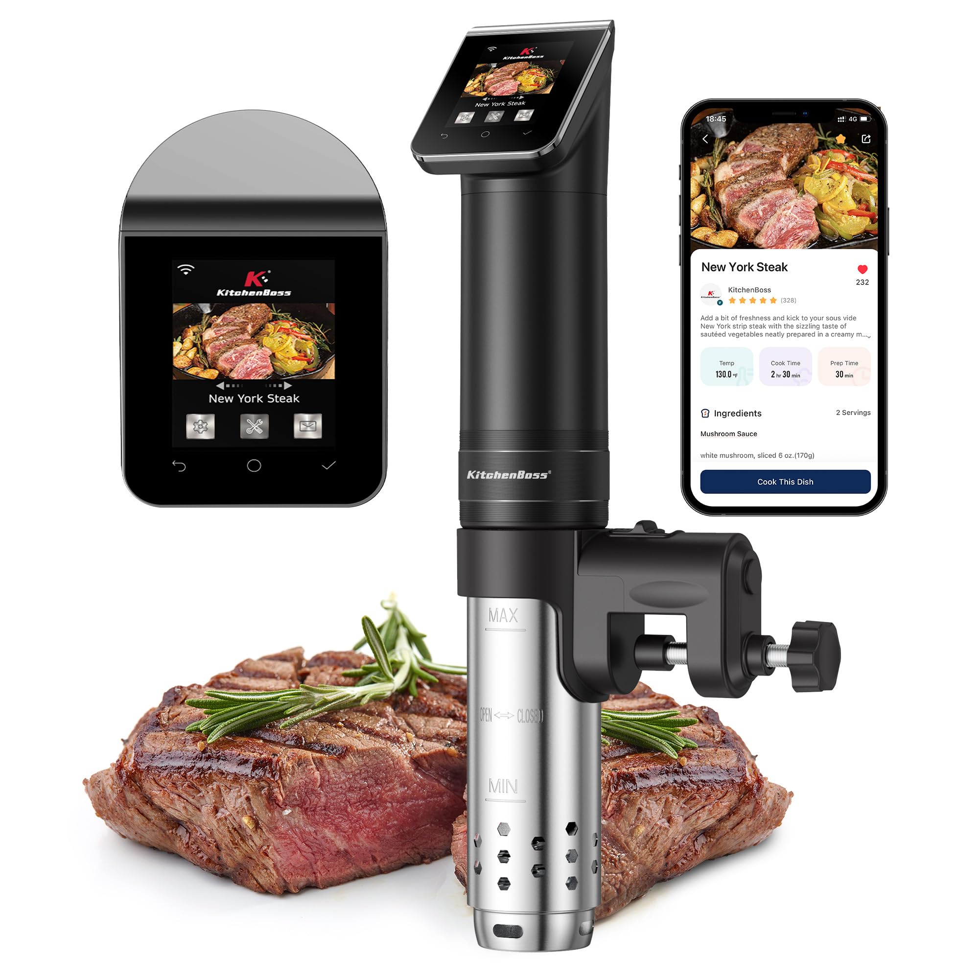 KitchenBoss WIFI Sous Vide Cooker control panel showing precise settings and easy navigation