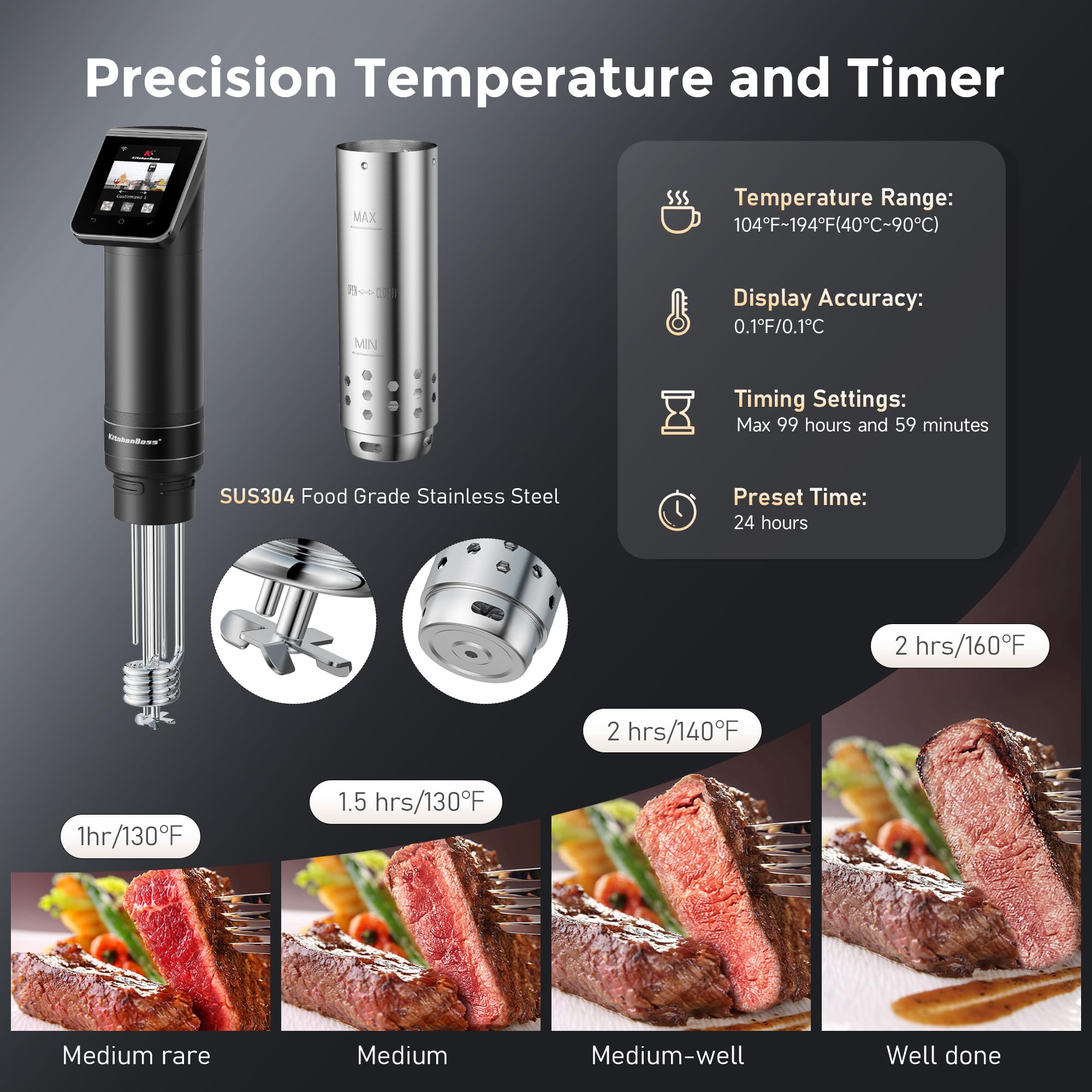 KitchenBoss WIFI Sous Vide Cooker stainless steel body and finish