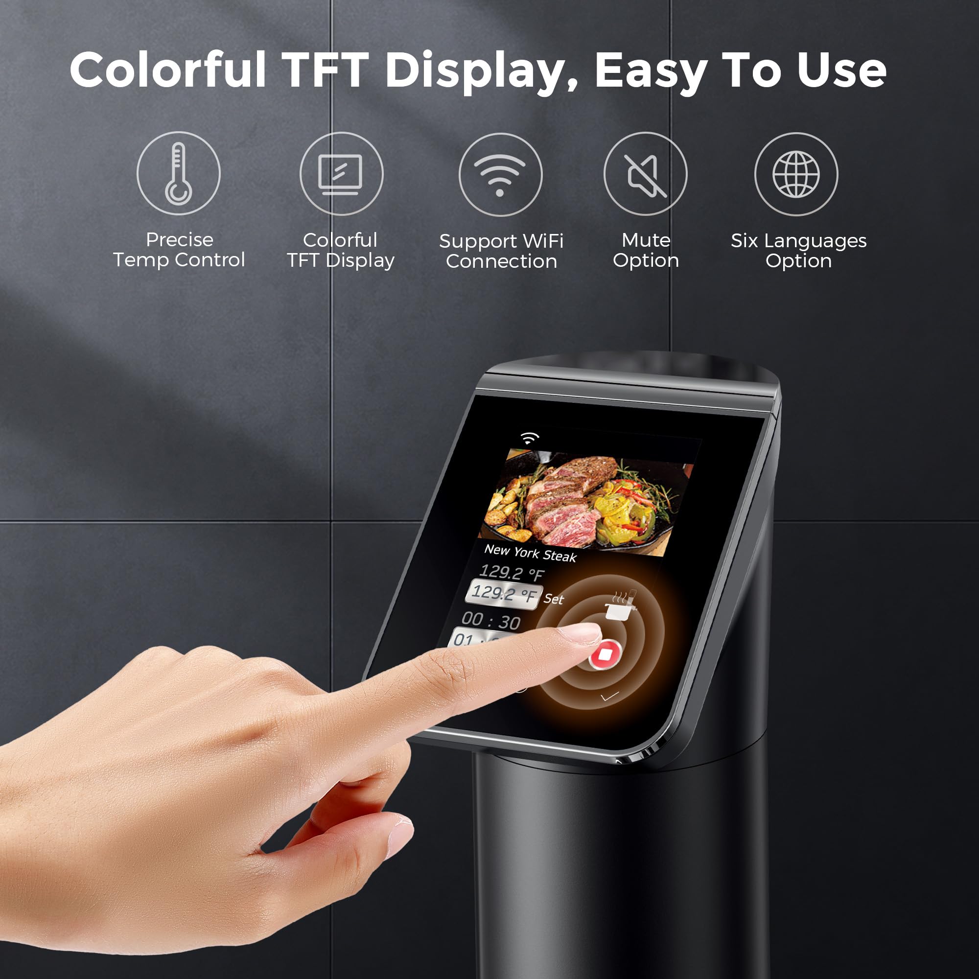 KitchenBoss WIFI Sous Vide Cooker TFT display for quick recipe access and guidance