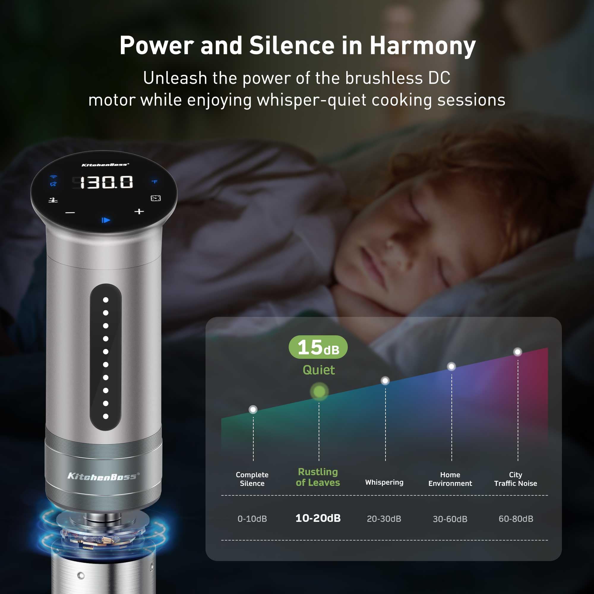 KitchenBoss Wifi Sous Vide Cooker ultra quiet operation minimizes kitchen noise
