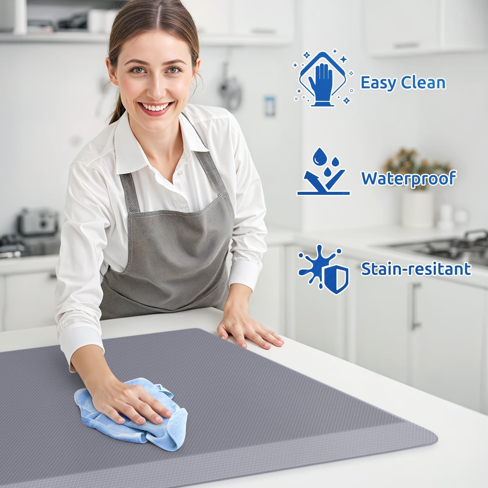 KitchenClouds beveled edges reduce trips, creating a safer kitchen standing surface.