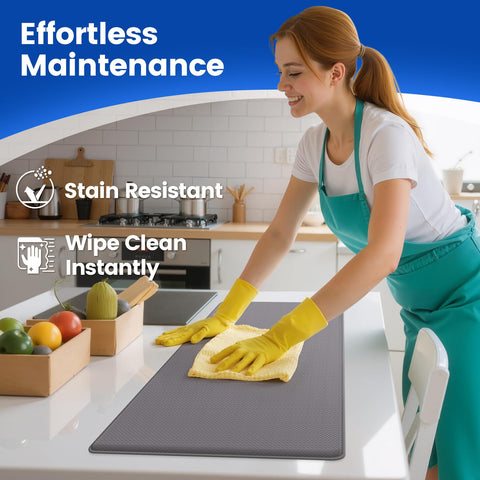 KitchenClouds Easy-Clean Surface Mat wipes clean with a damp cloth.