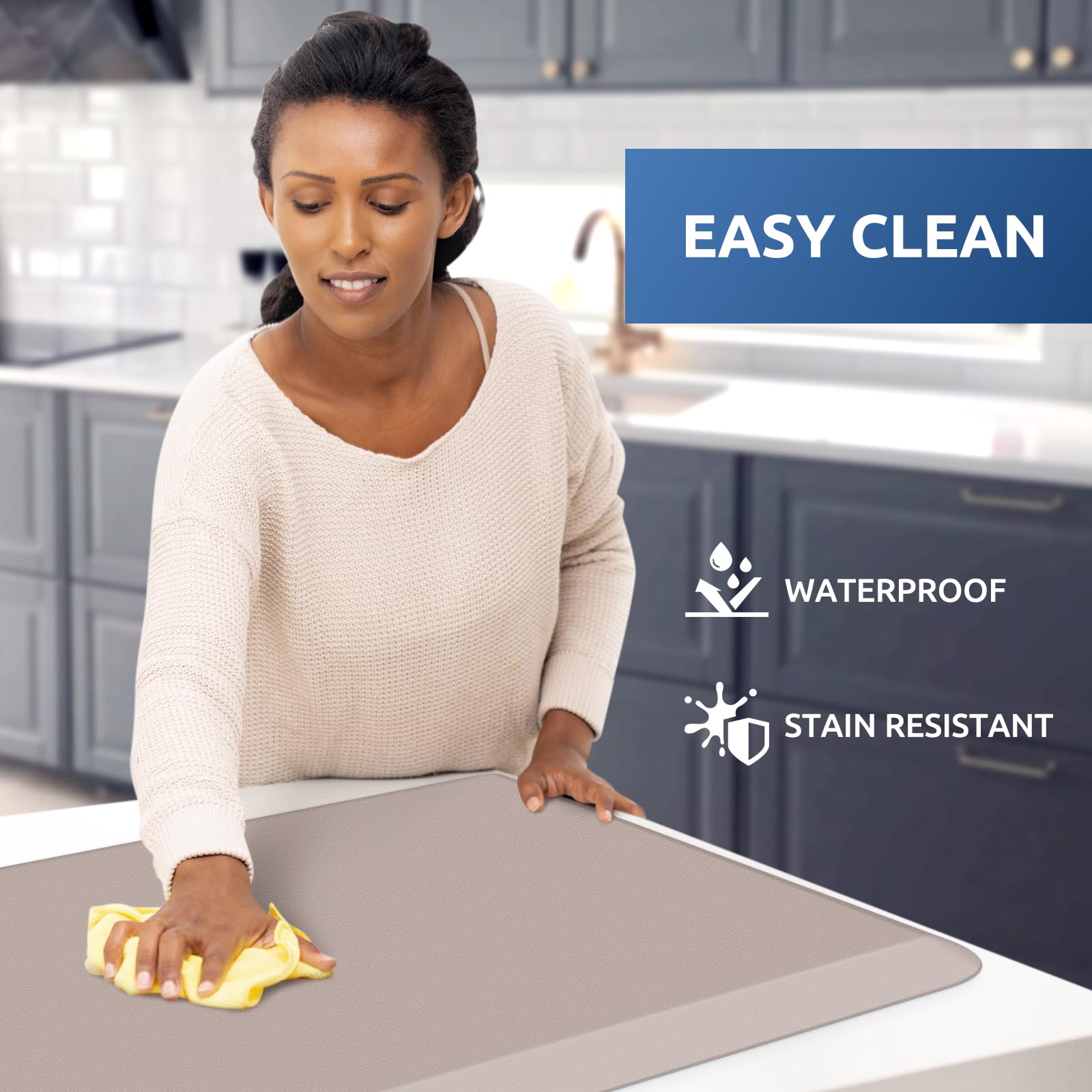 Khaki waterproof KitchenClouds mat ideal for kitchen and workspace.