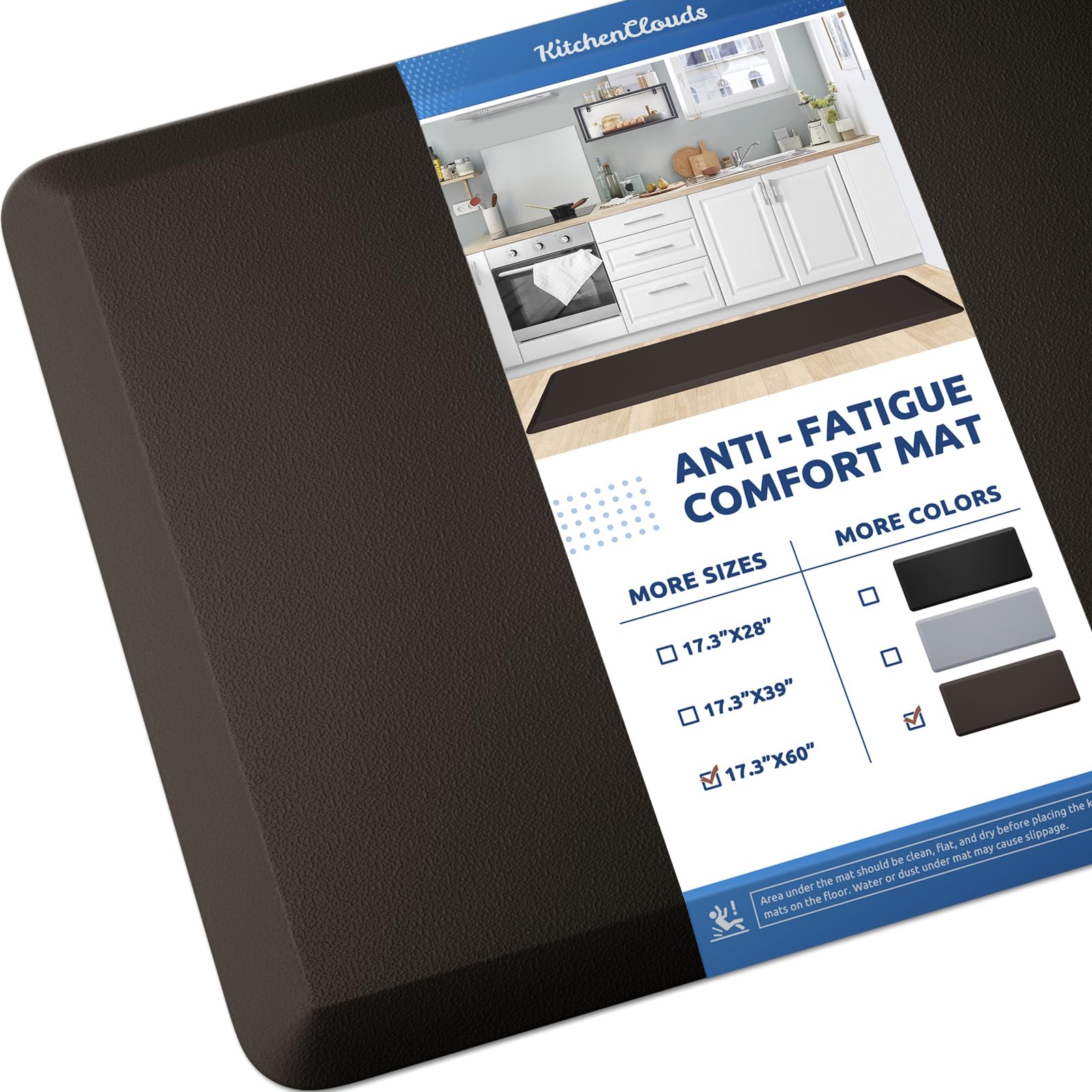 KitchenClouds cushioned kitchen mat provides comfortable standing surface for long cooking sessions.