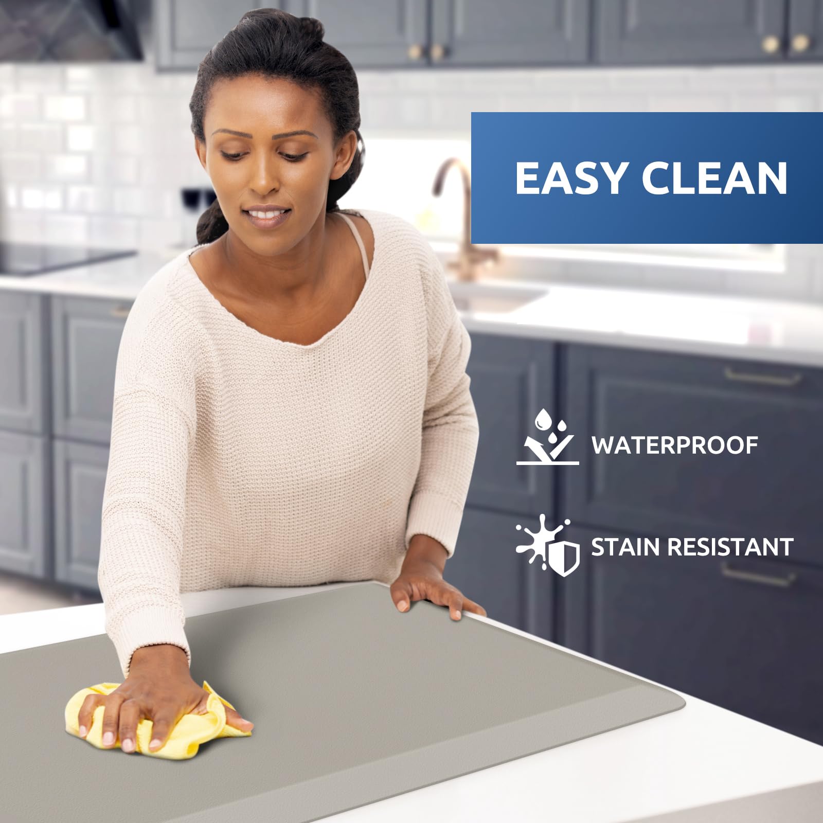 KitchenClouds waterproof kitchen mat surface is easy to wipe clean after spills