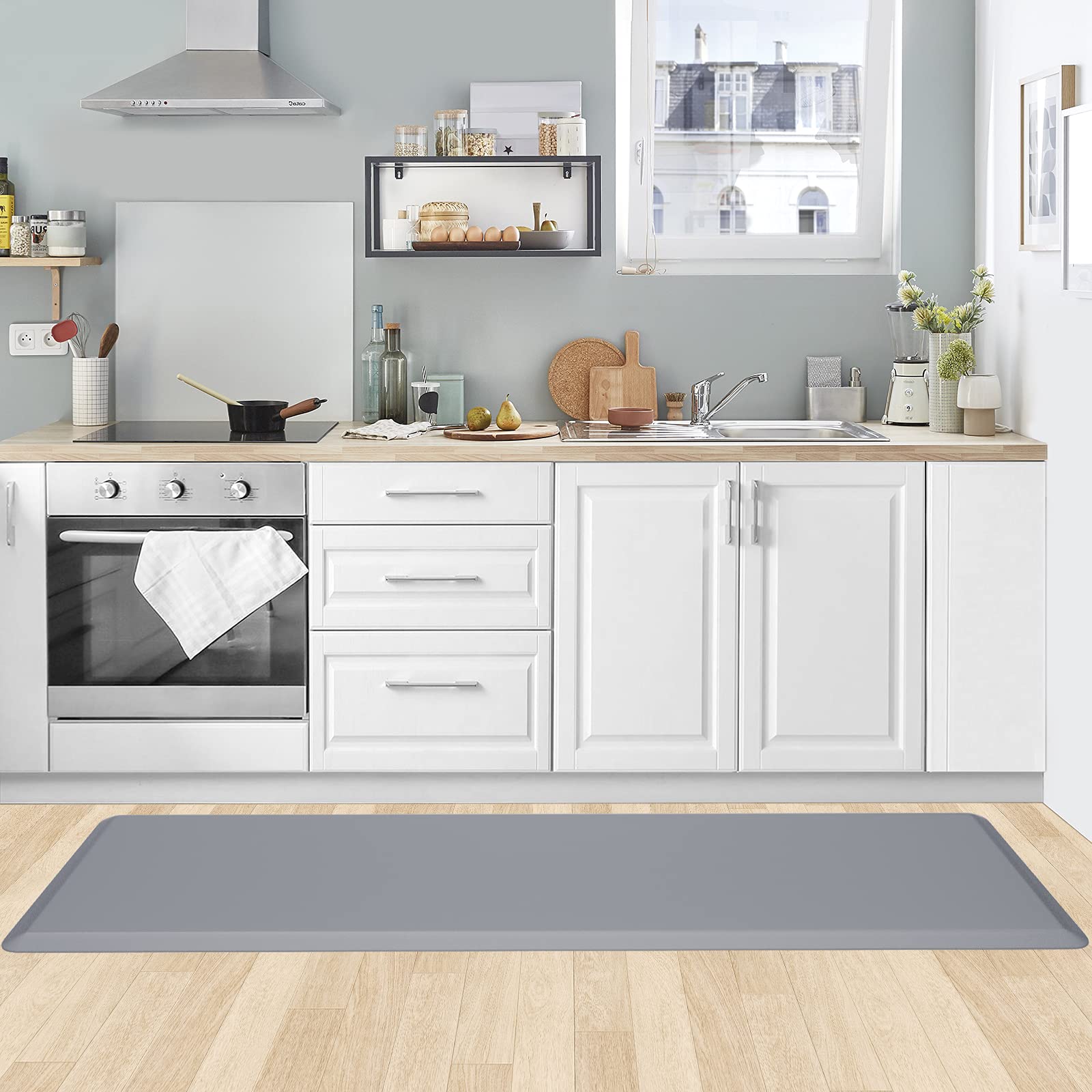 KitchenClouds neutral grey rug fits any decor and space.