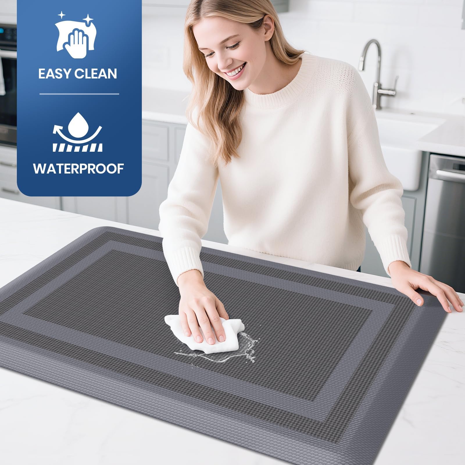 KitchenClouds waterproof grey kitchen mat for easy cleanup