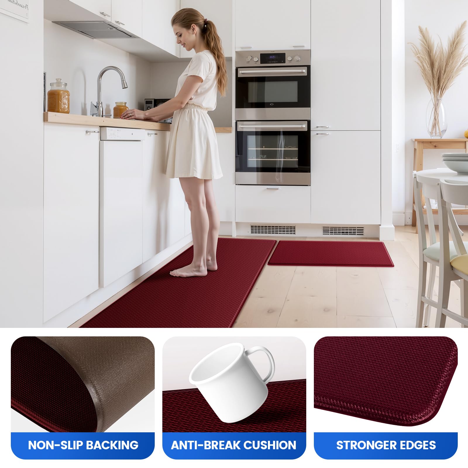 KitchenClouds red kitchen mat adds color and cushioned support.