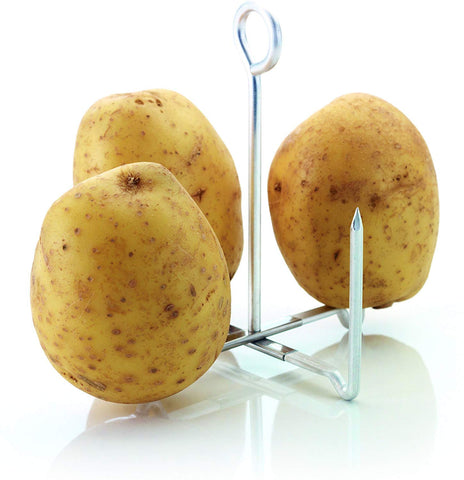 Fold-flat aluminum potato stand by KitchenCraft saves kitchen storage.