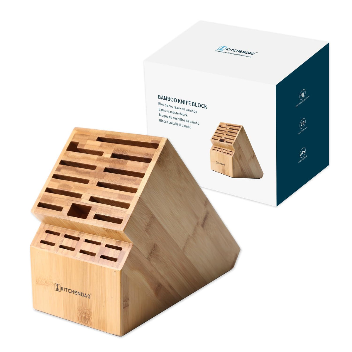 KITCHENDAO 20-slot bamboo knife block front view for organized countertop storage