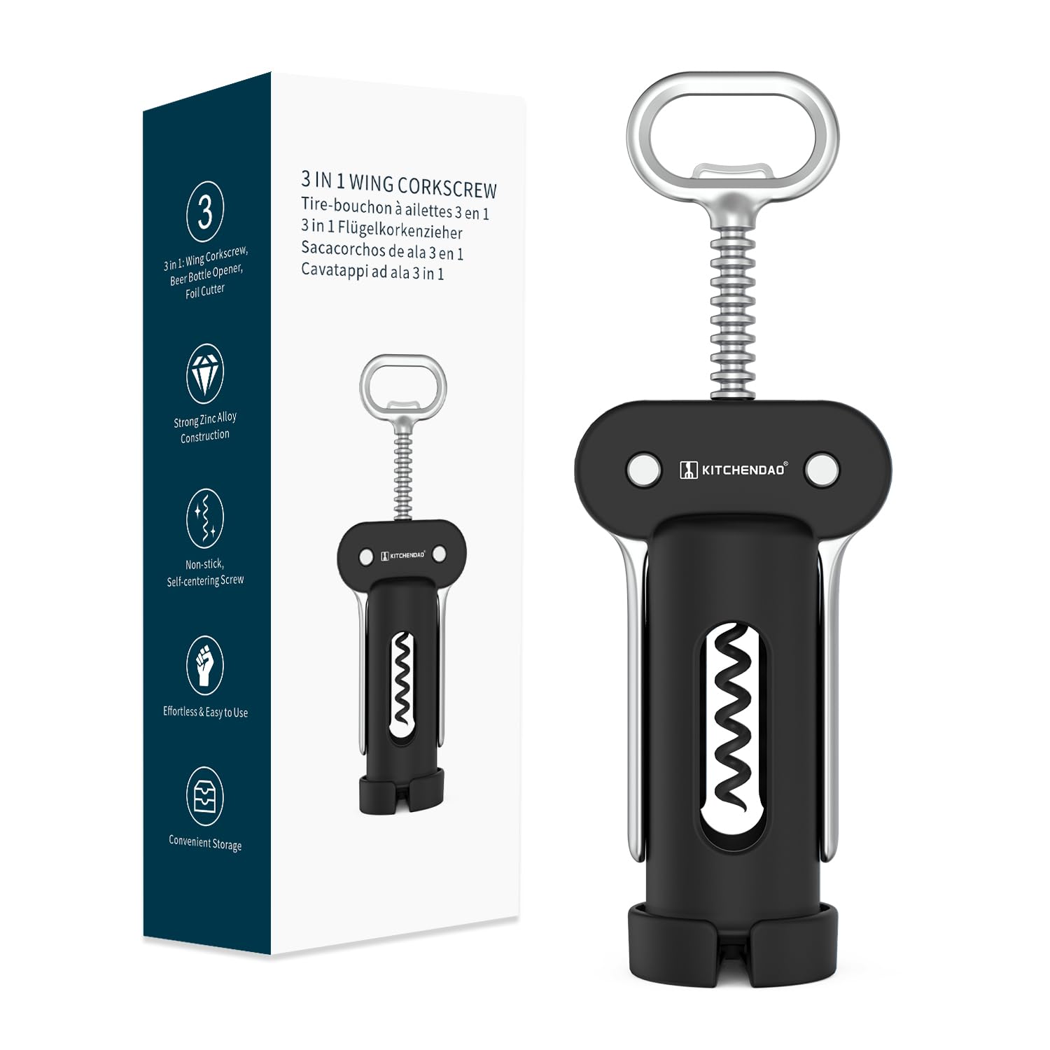 KITCHENDAO 3-in-1 wing corkscrew close-up showing versatile bottle opening
