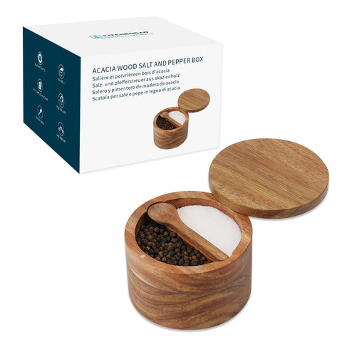 KITCHENDAO Acacia wood salt and pepper box with built-in spoon for fresh seasoning and tidy storage.