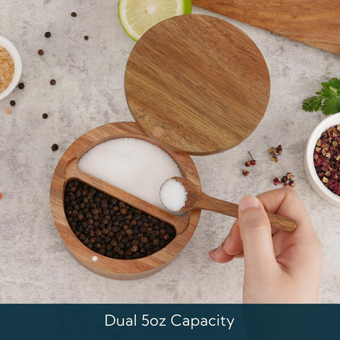 KITCHENDAO Acacia wood container with dual compartments for two spices at hand.