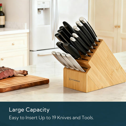 KITCHENDAO bamboo knife block with varied slots reduces blade wear