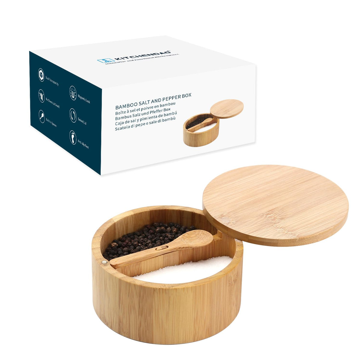 KITCHENDAO bamboo salt and pepper bowl box with divided compartments for easy seasoning.