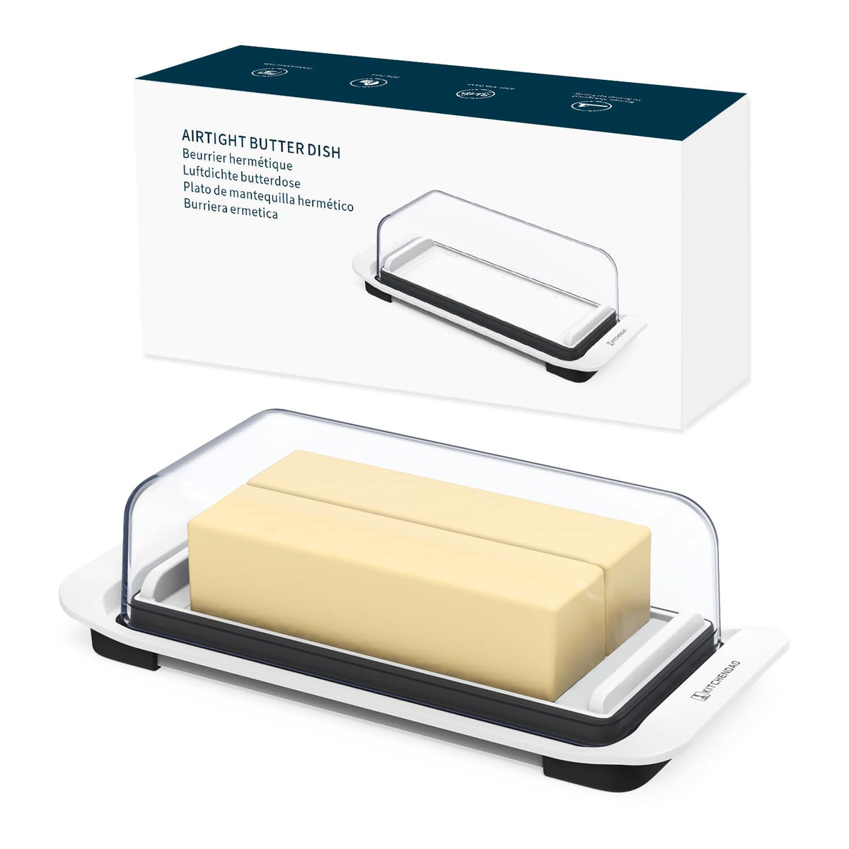 KITCHENDAO butter dish on countertop showing large capacity for two sticks with clear lid