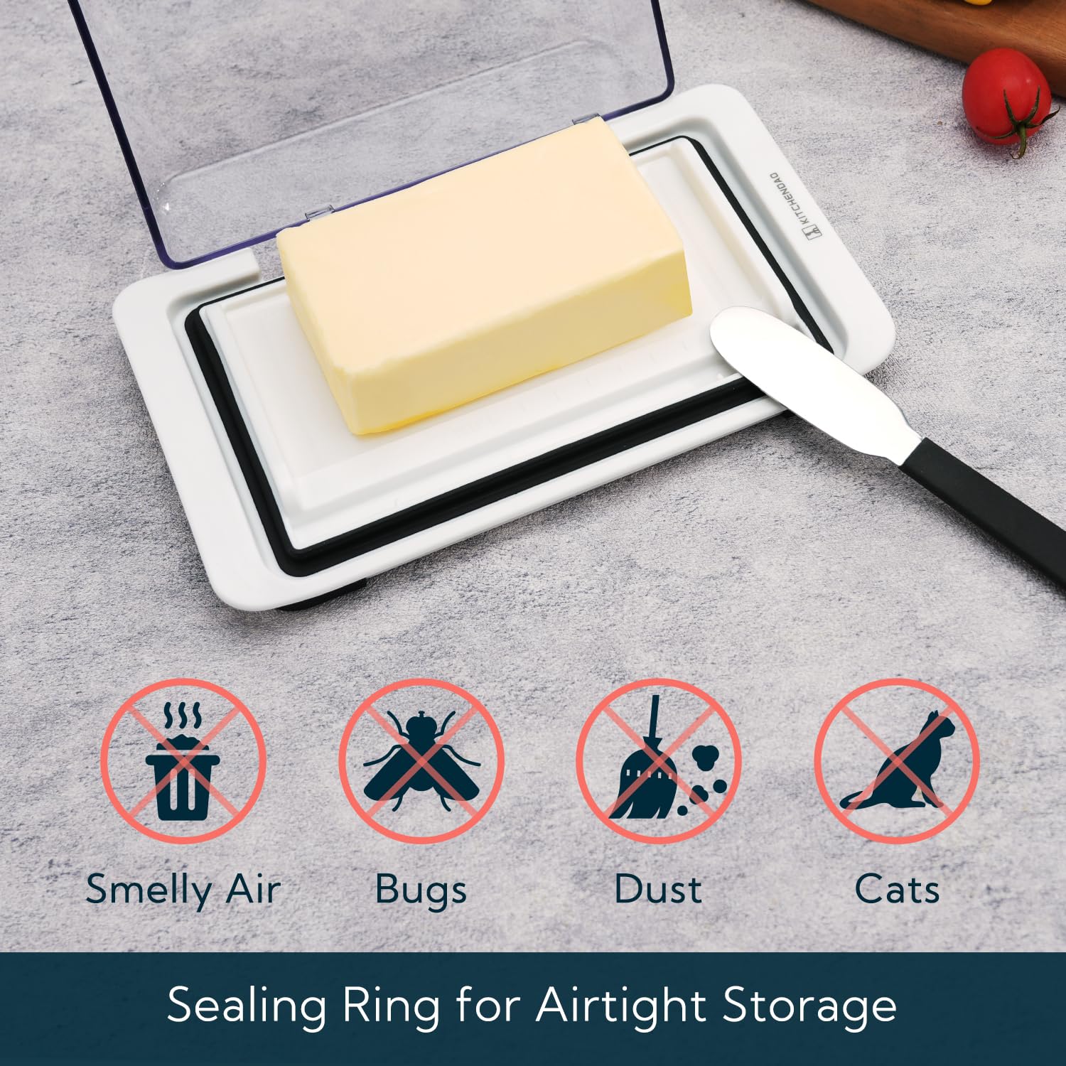 Lid of KITCHENDAO butter dish is removable for easy cleaning and refilling