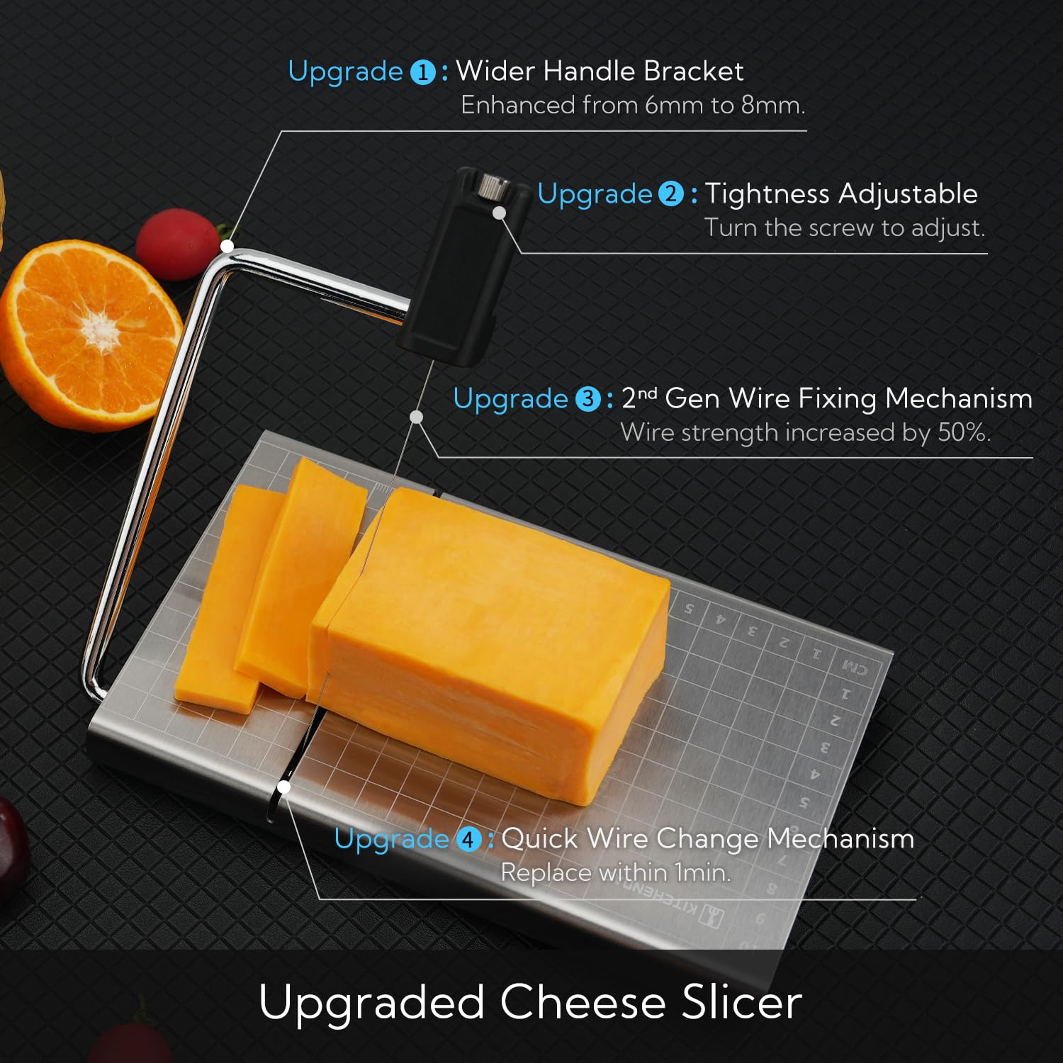 KITCHENDAO cheese slicer with board and grids side view for precise thickness control