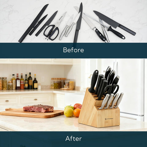 KITCHENDAO compact design stores scissors and sharpening rod