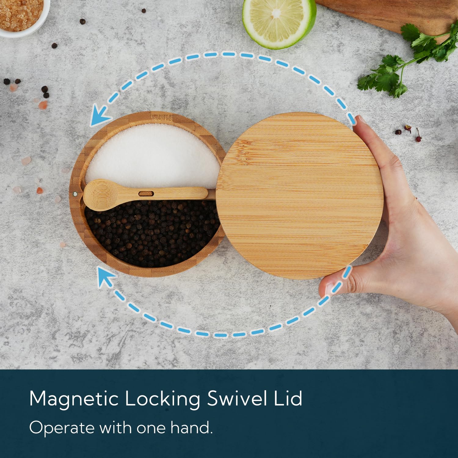 KITCHENDAO bamboo finish offers natural look and chemical-free spice storage.