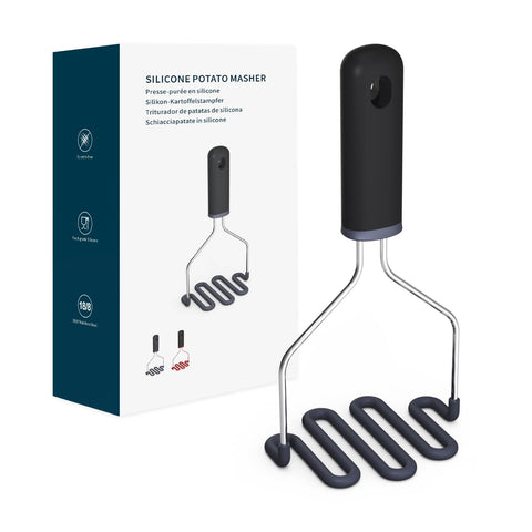 KITCHENDAO non-scratch potato masher front view; silicone coating protects non-stick pots
