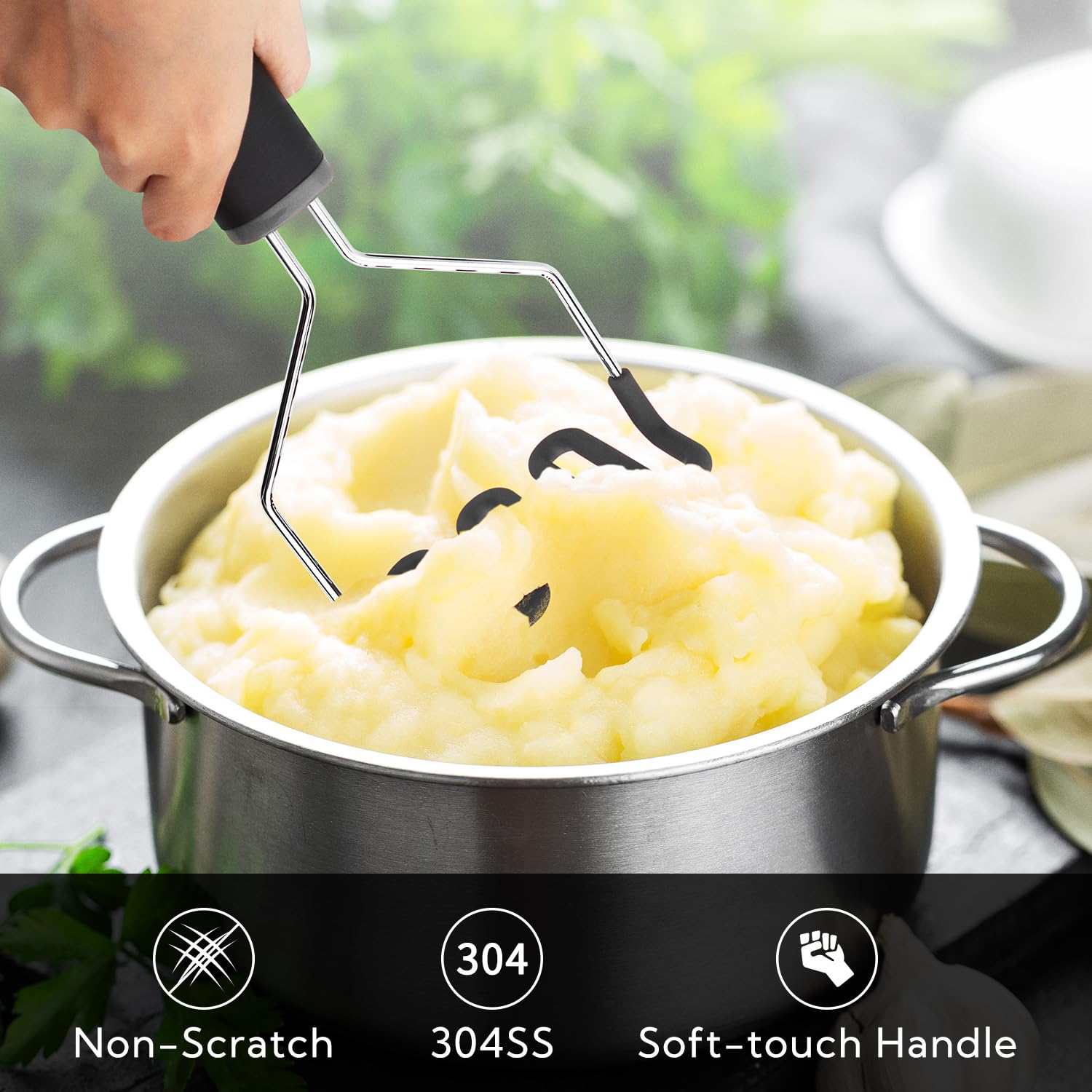 KITCHENDAO masher handle close-up; soft-touch grip for comfortable use