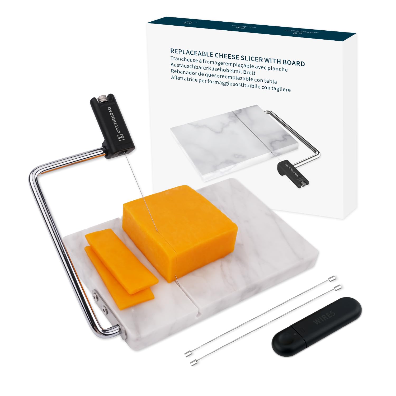 KITCHENDAO replaceable wire cheese slicer on a marble board for clean slices.