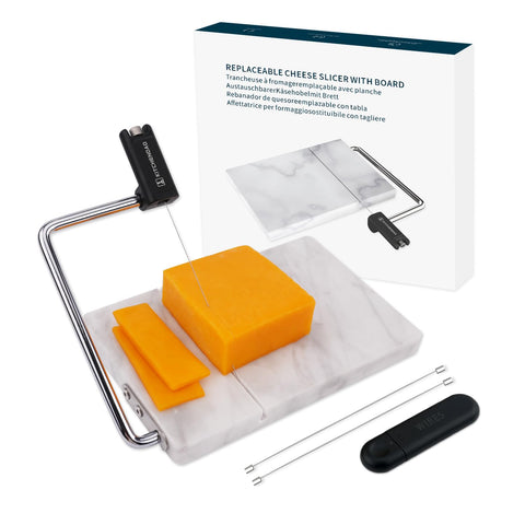 KITCHENDAO replaceable wire cheese slicer on a marble board for clean slices.