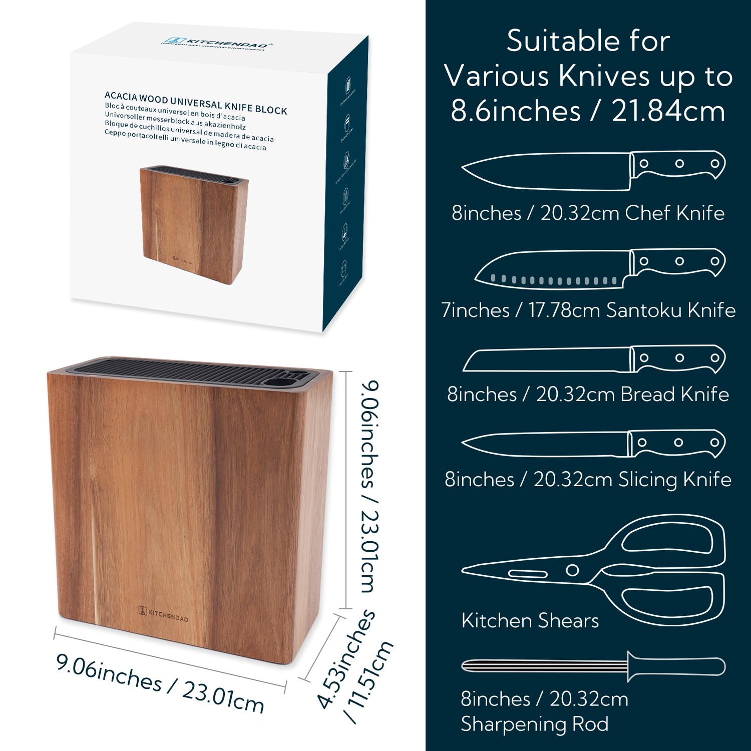 KITCHENDAO XL Acacia knife block protects knife edges during storage.