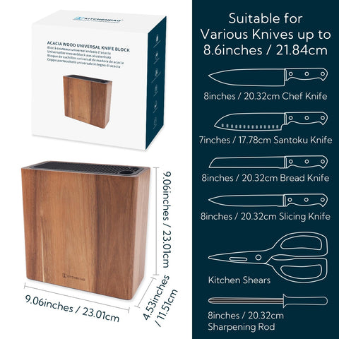 KITCHENDAO XL Acacia knife block protects knife edges during storage.