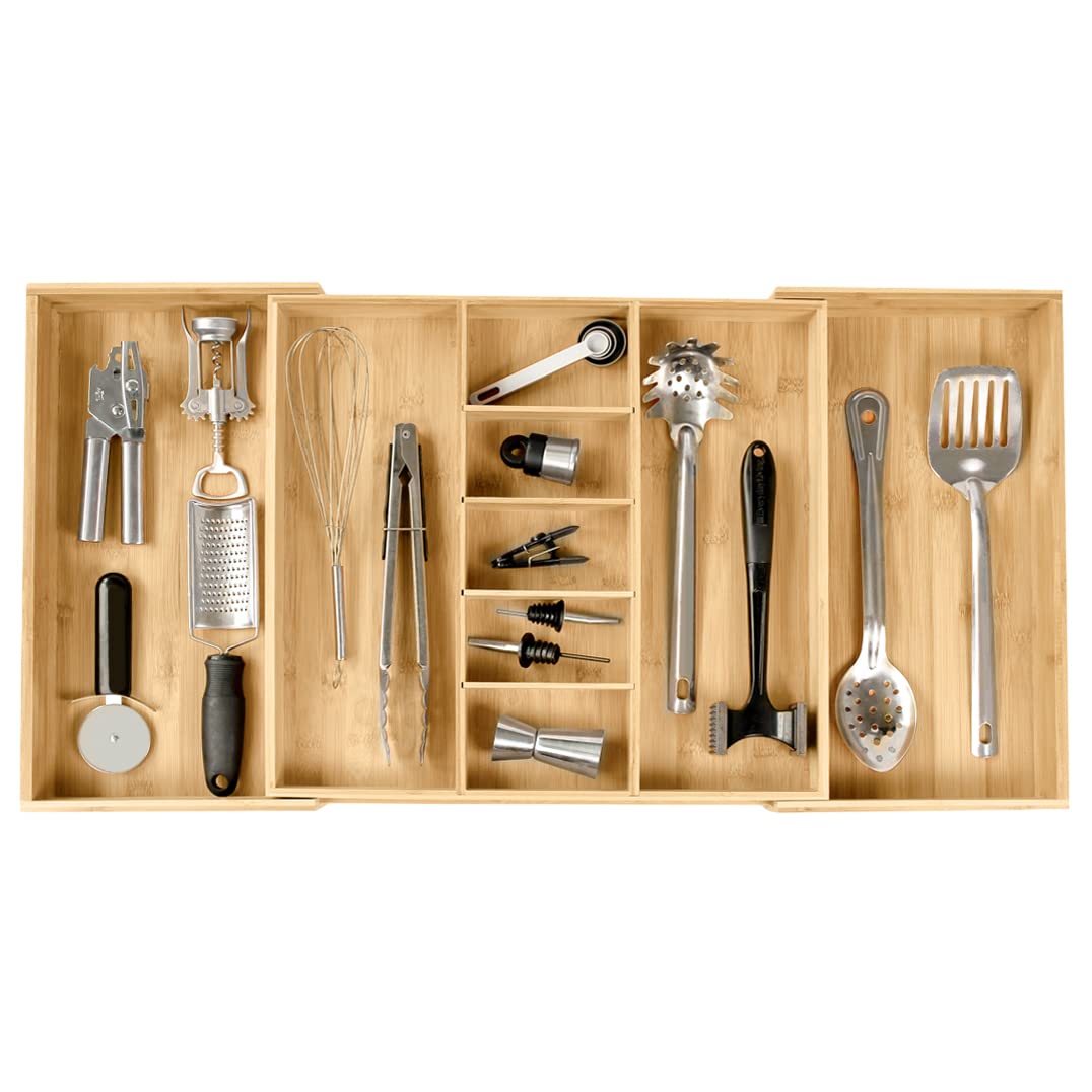 KitchenEdge adjustable drawer organizer for utensils in bamboo keeps utensils neatly separated.