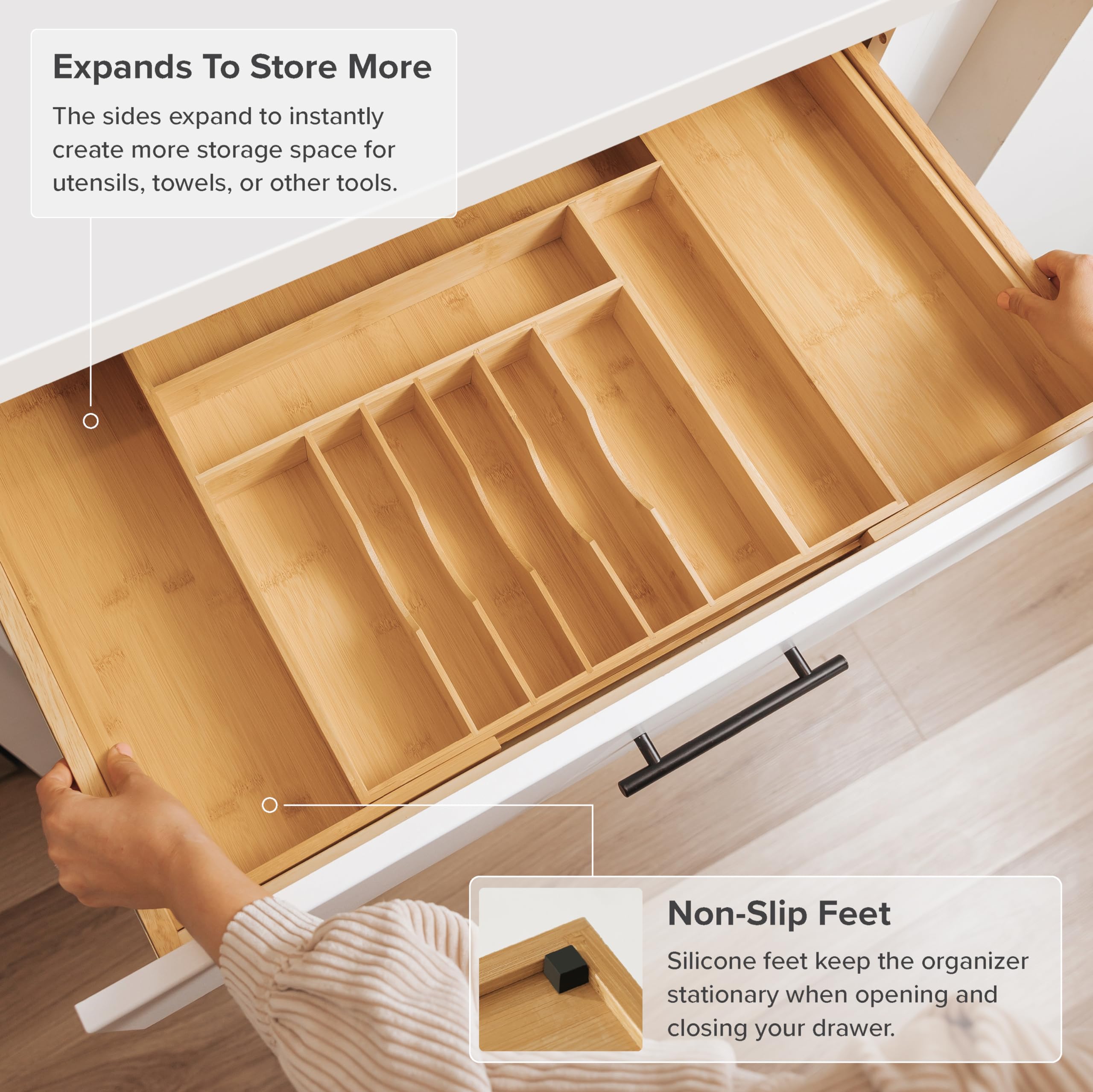 KitchenEdge anti-slip pads prevent sliding when the drawer is full.