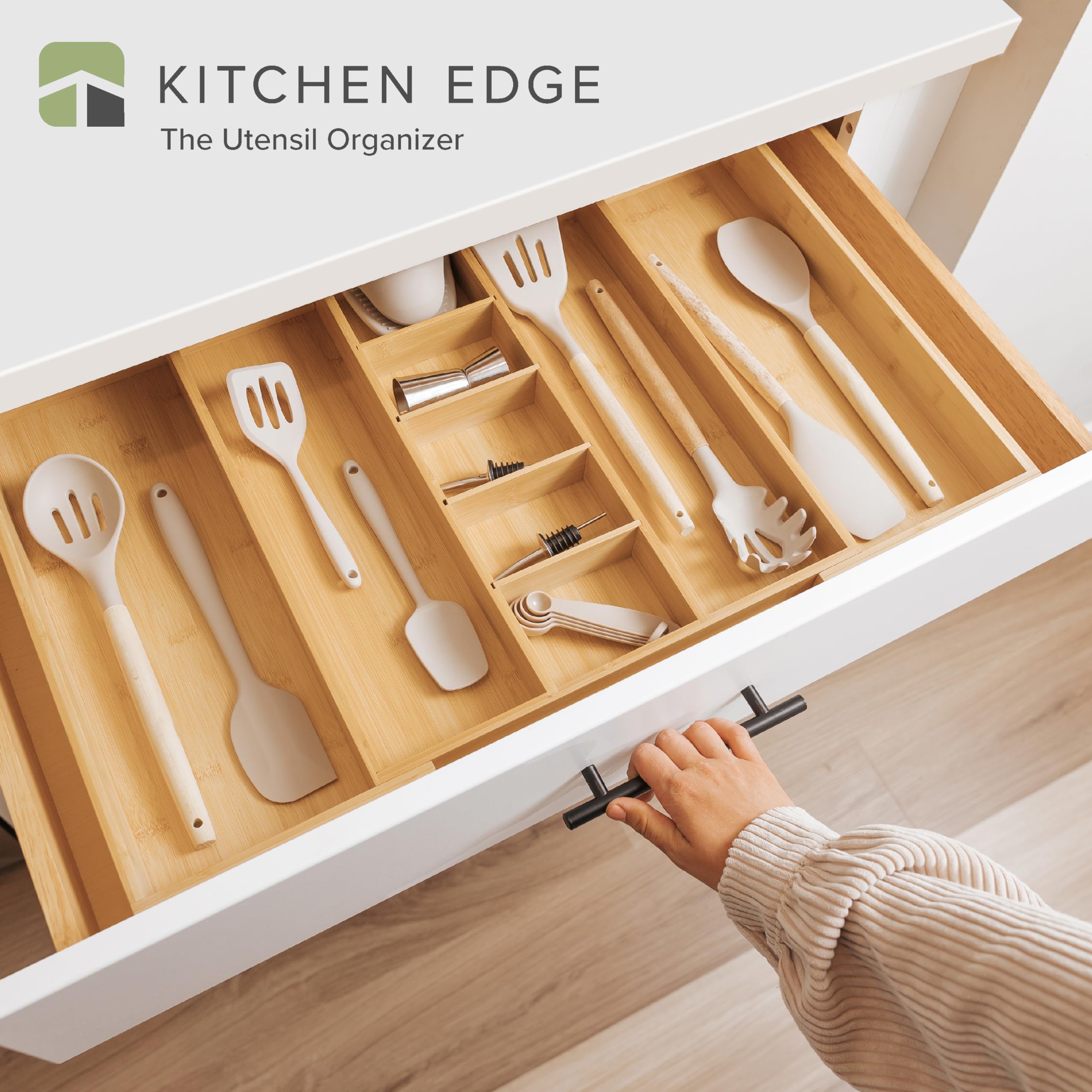 KitchenEdge bamboo drawer organizer showing 9 compartments for utensils.
