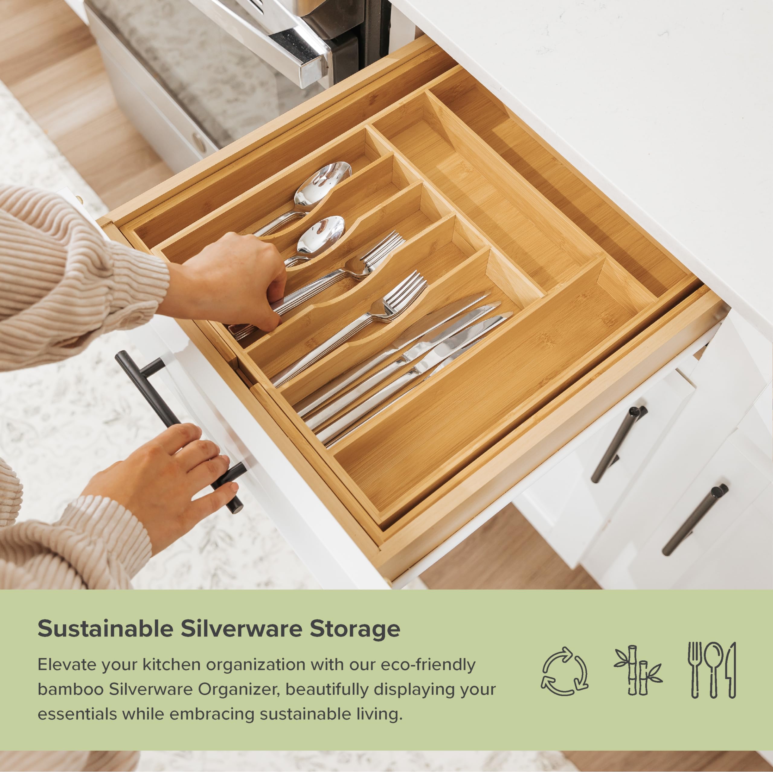 KitchenEdge eleven-compartment design organizes flatware by type for easy access.