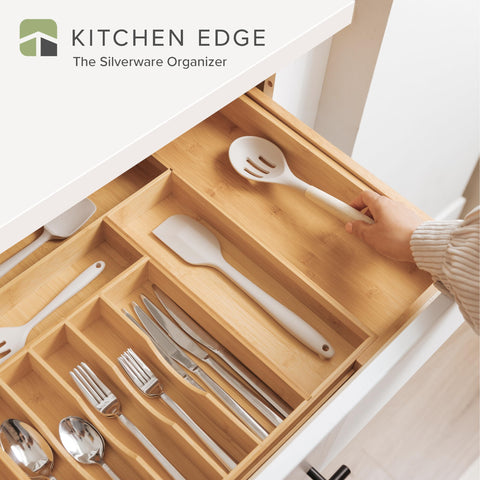 KitchenEdge expandable bamboo organizer demonstrates adjustable width for larger utensil sets