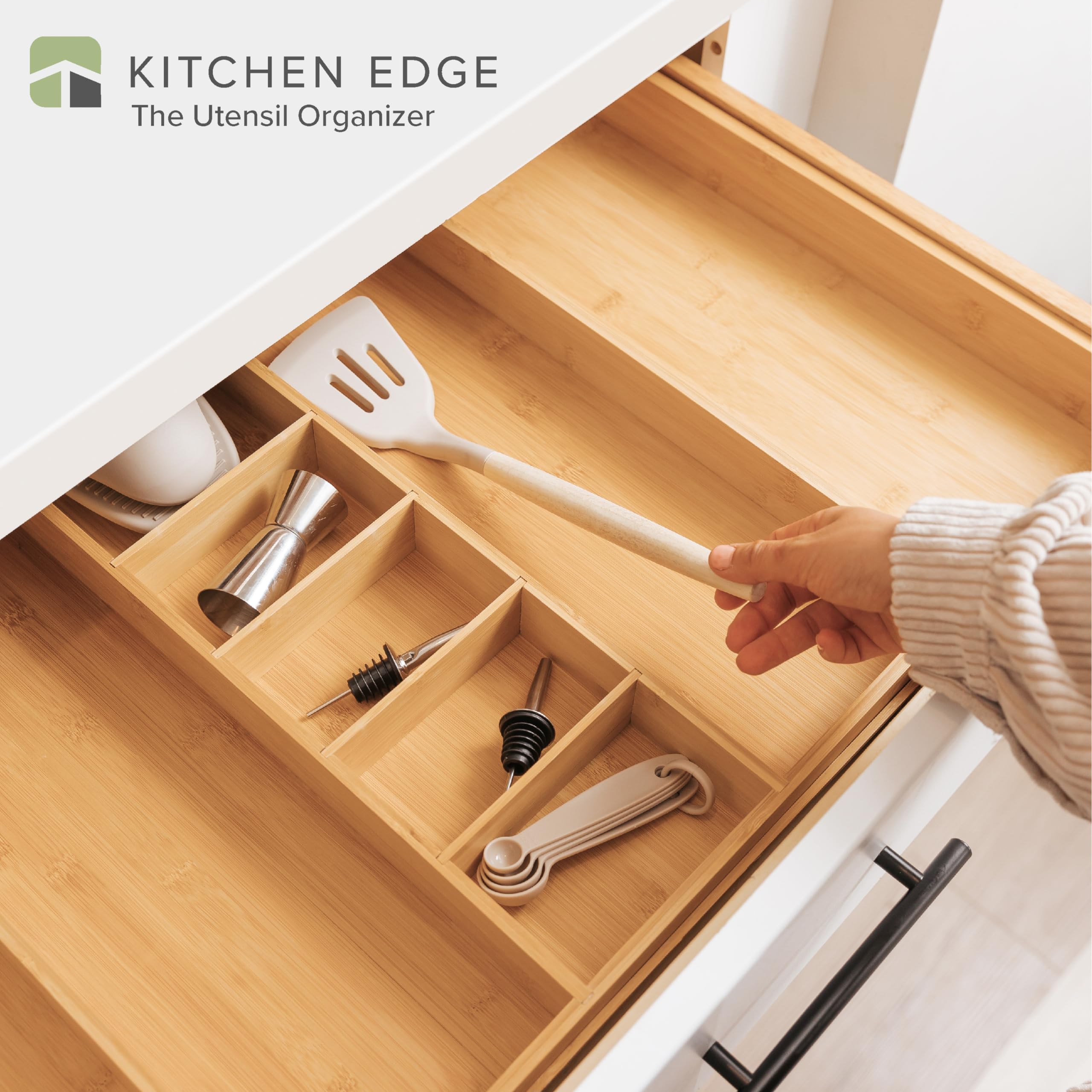 KitchenEdge expandable drawer organizer shows up to 33 inches for wider drawers and flexible layout.