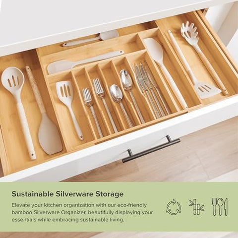 KitchenEdge expandable drawer organizer extended to 33 inches for larger utensil sets.