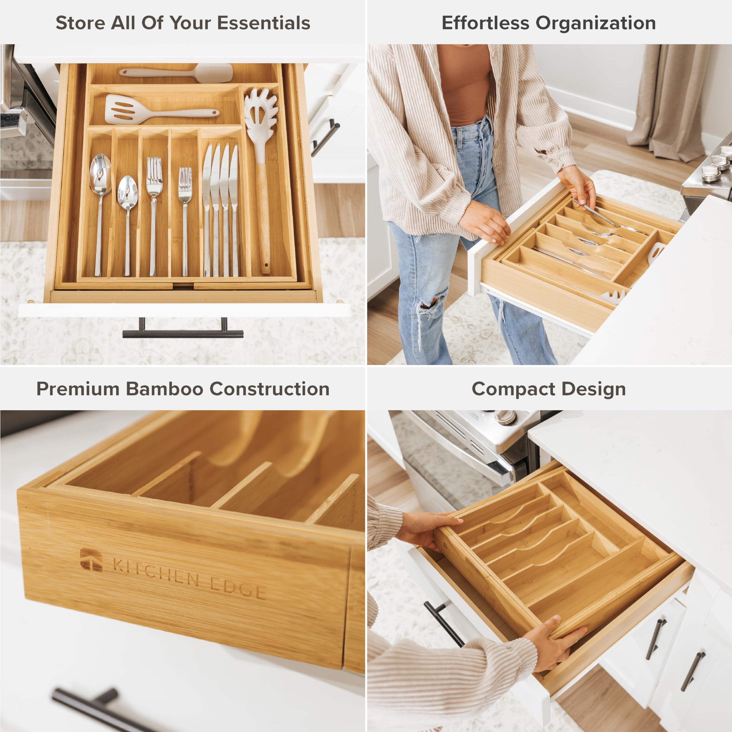 KitchenEdge expandable width feature demonstrates adjustable size from 14.5 inches to 25 inches.